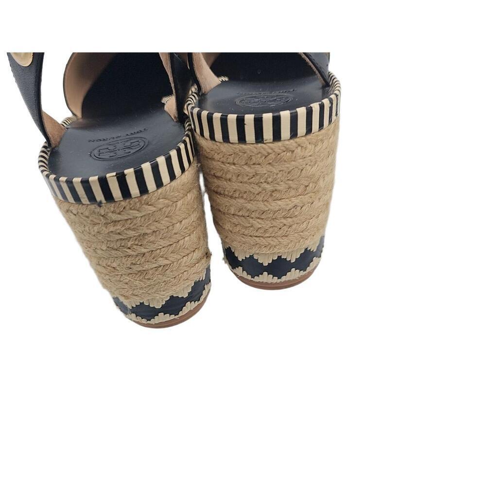 Tory Burch Black Espadrille Wedge Sandals Leather Jute Trim Size 10 - Picture 4 of 12